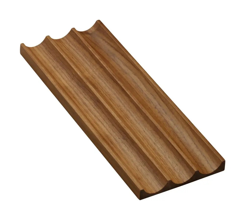 Holzschale mit drei Rillen, geeignet zur Aufbewahrung und Organisation. Hergestellt von Hansgrohe, präsentiert in einem natürlichen Nussbaumton.